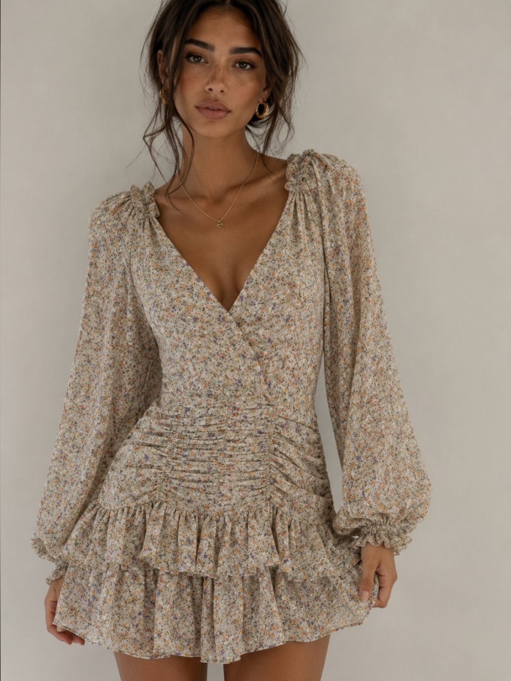 &merci Ballon Sleeve Surplice V-Neck Drop Waist Ruffle Tier Micro Floral Dress S